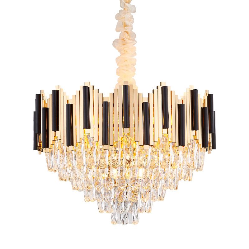 6-Light Crystal Prism Chandelier Modern Black-Gold Cone Living Room Ceiling Pendant Lamp