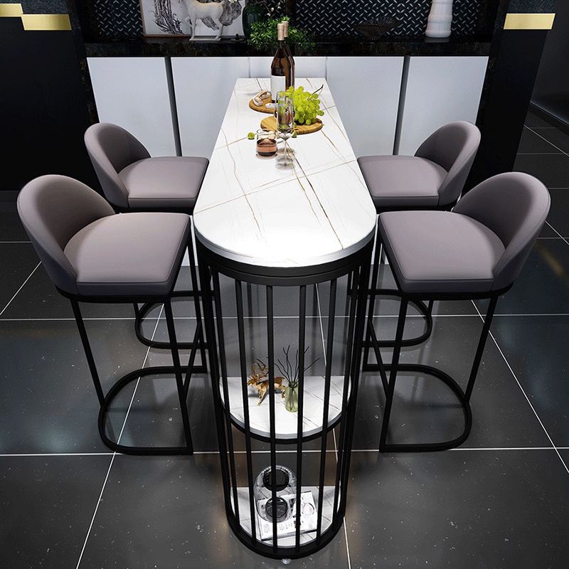 White Sintered Stone Bar Table Metal Base Dining Table with Storage Shelves