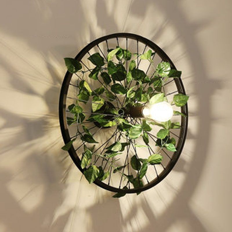 Luz de montaje de pared de forma geométrica 1 cabeza 1 cabezal lámpara de pared de hierro con decoración de plantas en negro