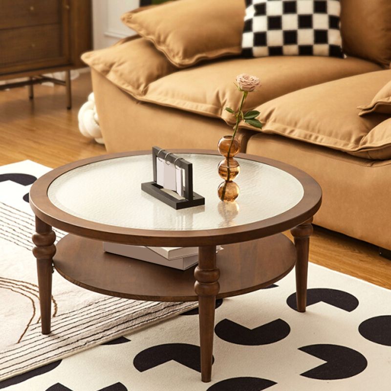 Modern Glass Top Coffee Table Solid Wood Brown Table with Storage