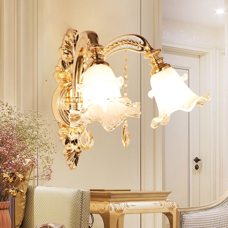 Frosted Glass Flower Wall Mount Light Traditional Corridor Wall Light Fixture with Crystal Draping in Gold