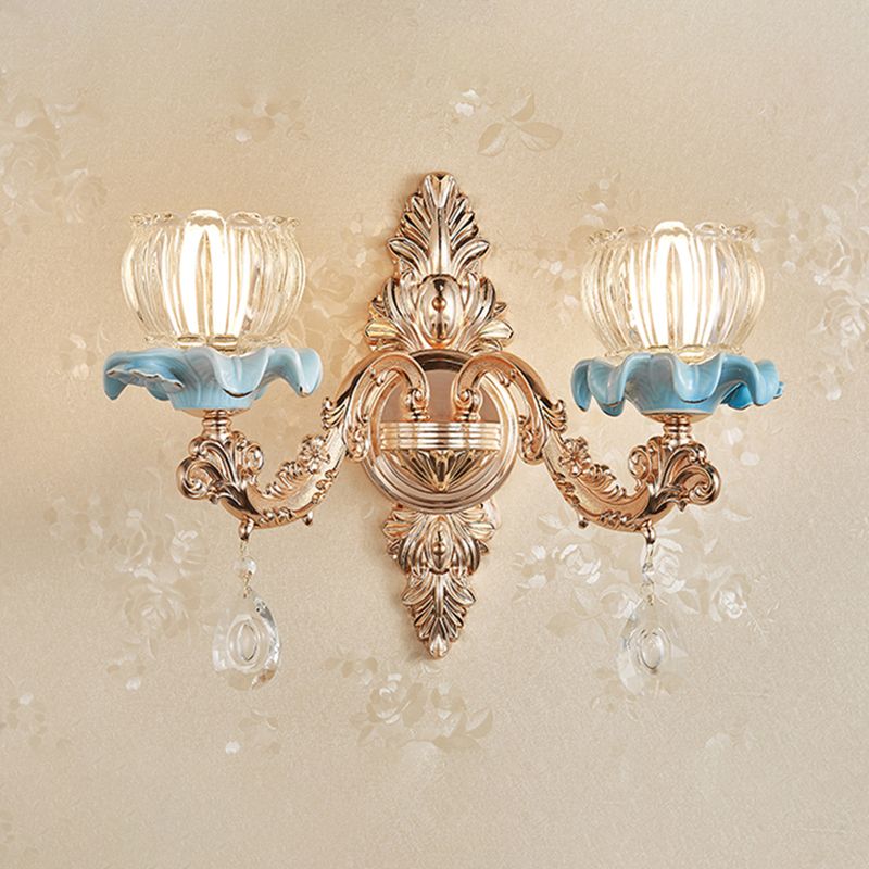 Applique murale dorée simplicité crème verre fleur applique murale avec drapé en cristal
