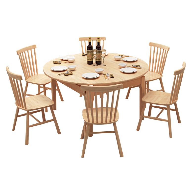 Modern Style Solid Wood Dining Table Brown Round Drop-Leaf Table with 4 Legs
