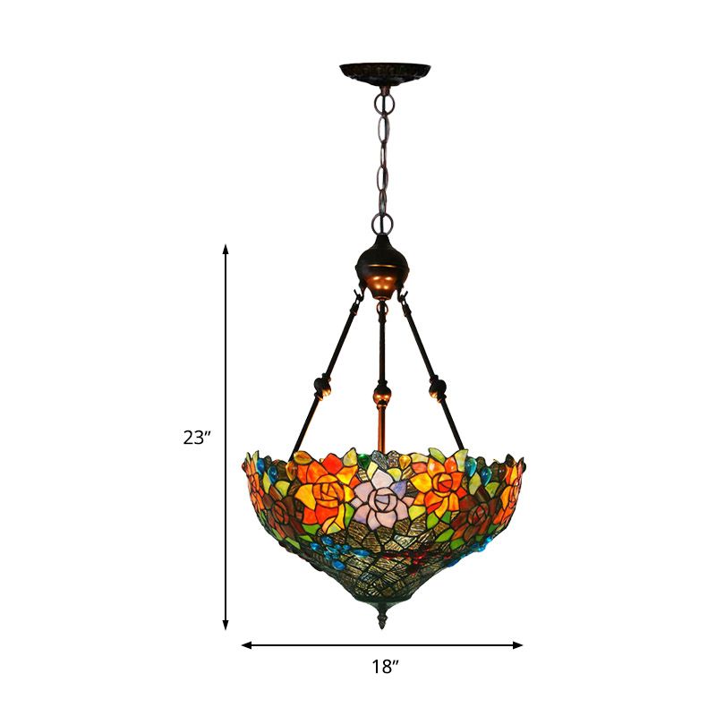 3 Lights Chandelier Pendant Light Mediterranean Flower Stained Art Glass Hanging Lamp in Red/Orange/Green