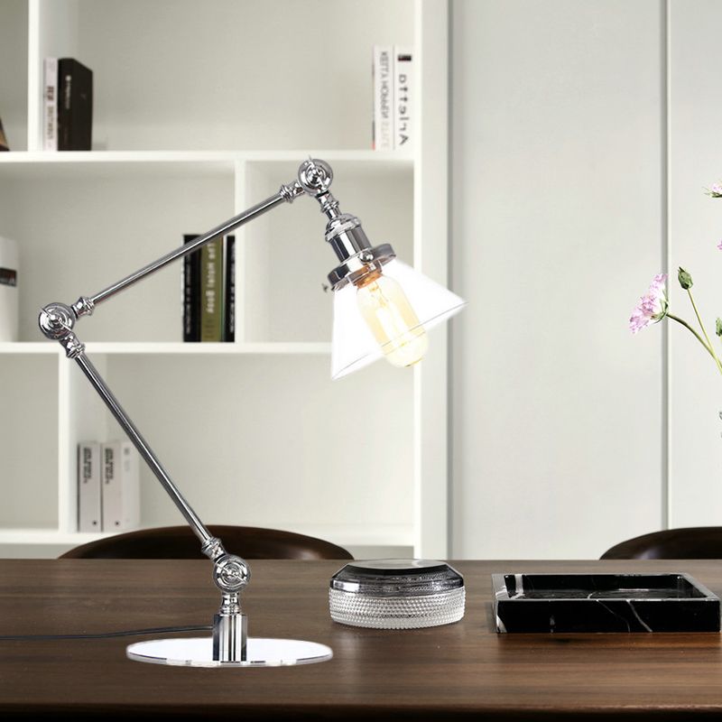 Table conique de style industriel clair Ambre / verre transparent et métal 1 lampe de table de chambre à coucher légère avec bras réglable en noir / laiton
