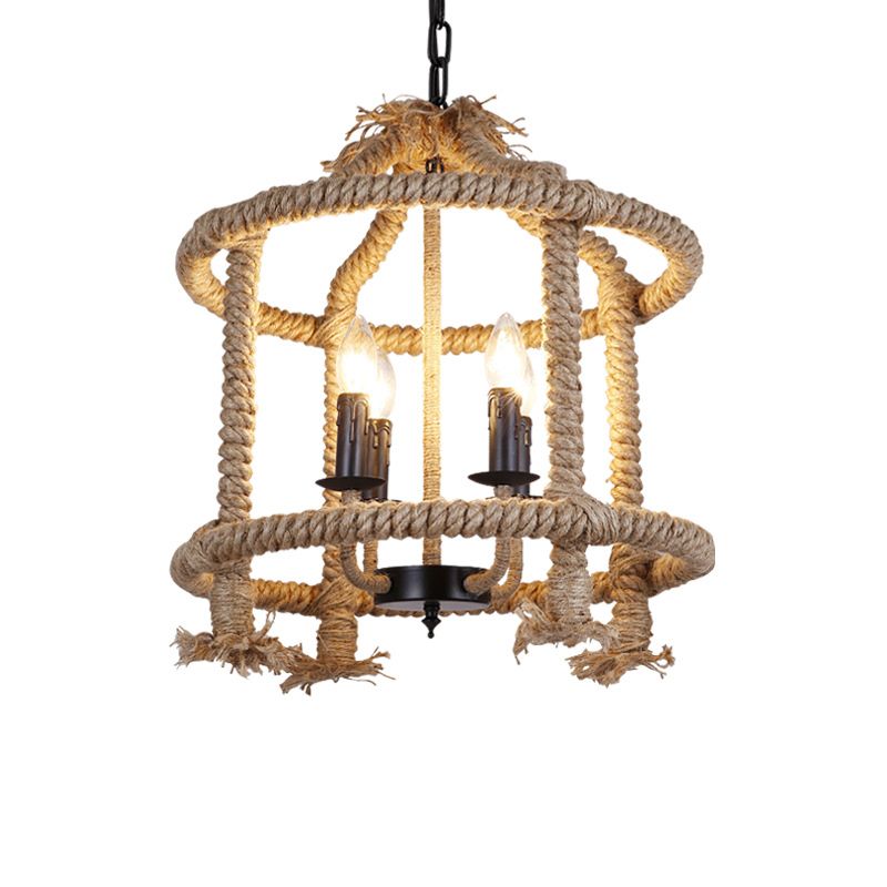 Roped Cage Shade Pendant Lamp Lodge Stylish 4 Lights Restaurant Hanging Light Fixture in Brown