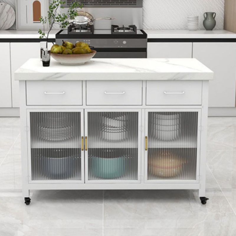Modern Faux Marble Rectangle Kitchen Cart with Metal Base and Drawers