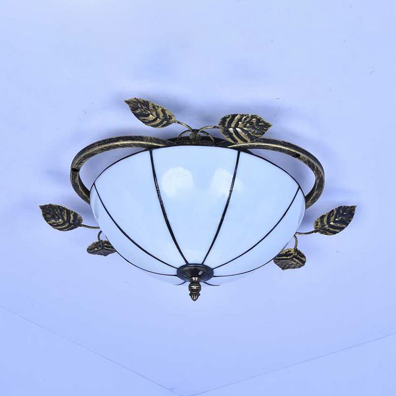 Bowl Flushmount Light Tiffany Stained Glass 3 Bulbs Flush Mount Ceiling Fixture with Leaf Decoration in White/Blue/Green-White/Blue-Green