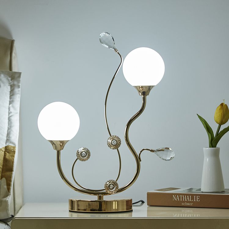 Satin Opal Glass Ball Table Lamp Contemporary Gold Finish Nightstand Light for Bedroom