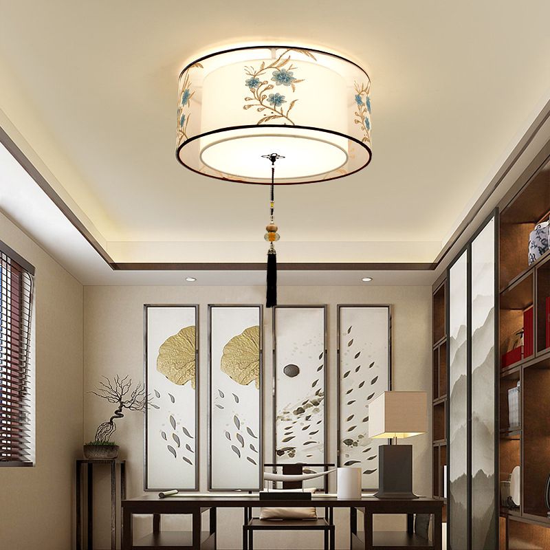 White Geometric Flush Mount in Traditional Concise Style Wrought Iron Ceiling Light with Fabric Shade