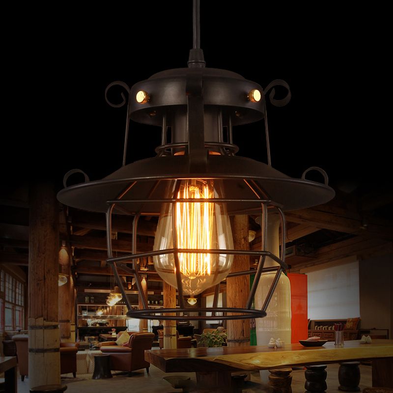1-Bulb Ceiling Hanging Lantern Rustic Dining Room Down Lighting Pendant with Wire Cage in Black