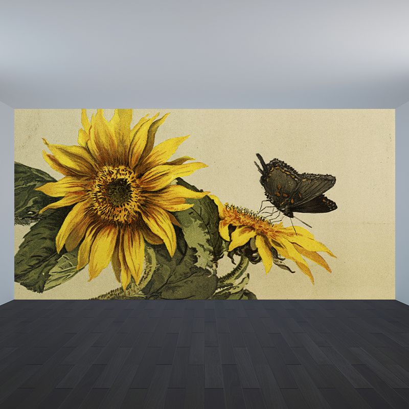 Large Sunflower and Butterfly Mural Contemporary Florentine Scene Wall Decor in Brown