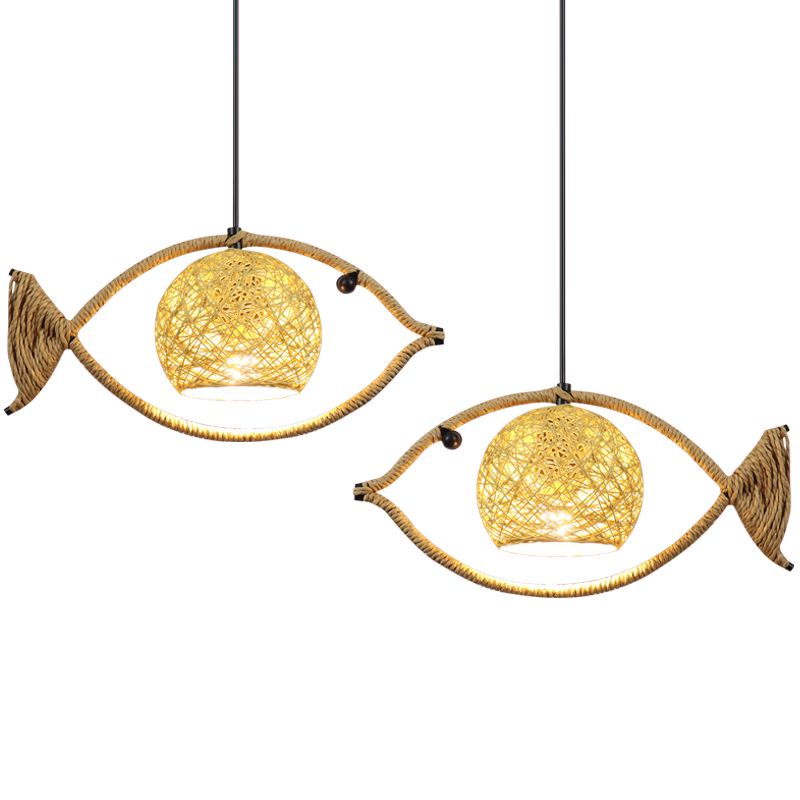 Hemp Rope Fish Suspension Lighting Retro Restaurant Pendant Ceiling Light with Globe Rattan Shade in Brown