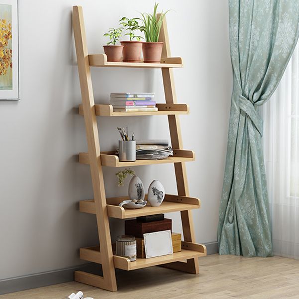Modern Ladder Bookshelf Solid Wood Open Back Bookcase for Home