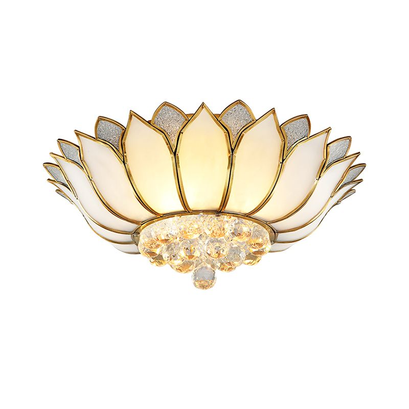 Éclairage semi-monté Lotus en verre givré, plafond de chambre à coucher rurale en laiton avec gouttelette de cristal