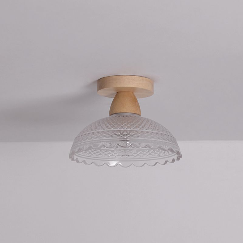 Simple 1-Light Ceiling Light Wooden Ceiling Mount Light with Glass Shade for Living Room