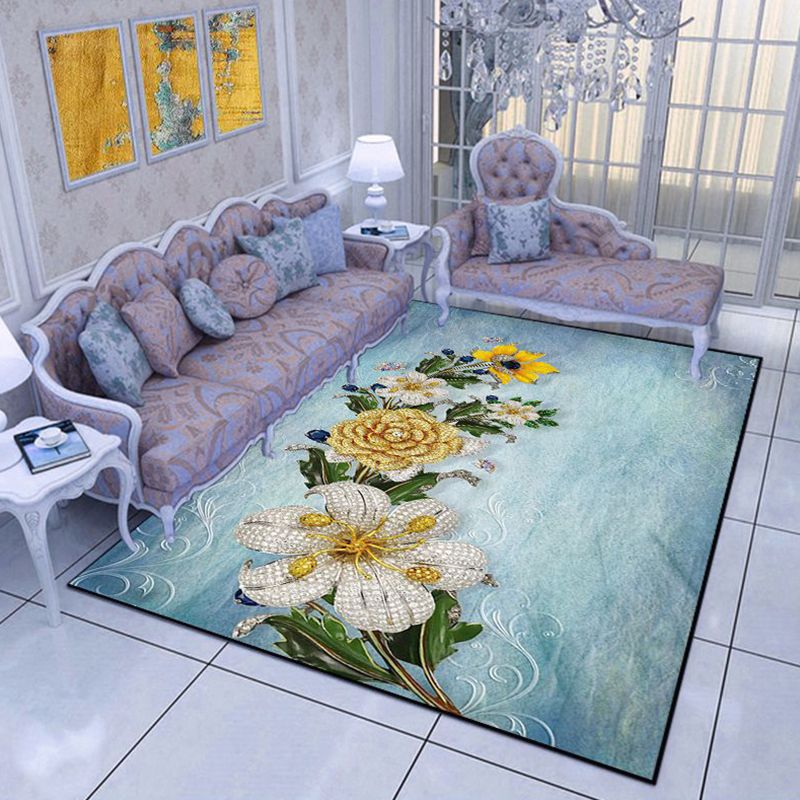 Modern Living Room Area Rug Multi Color Flower Carpet Polypropylene Washable Non-Slip Stain Resistant Indoor Rug