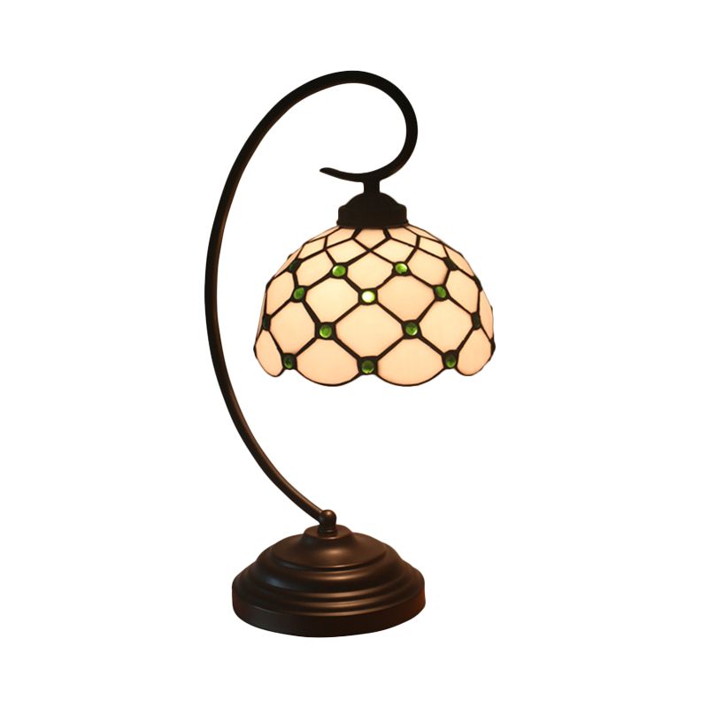 Bronze Bowl Night Table Lamp Tiffany 1 Head Beige/White Glass Clear/Blue/Green Beaded Patterned Desk Light with Swirl Arm