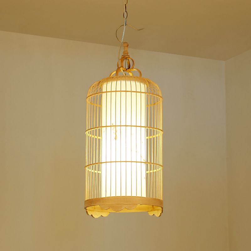 Birdcage eetkamer plafondlicht bamboe 9,5 "/14"/16 "brede 1-licht Aziatische hanger Licht armatuur in beige