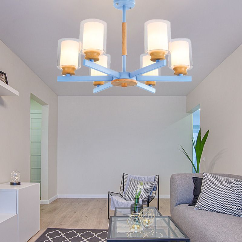 Makkaronzylinder Kronleuchter Anhänger Leicht Milchglas 3/5/6 Lichter hängende Decke Licht in Rosa/Gelb/Grün für Wohnzimmer