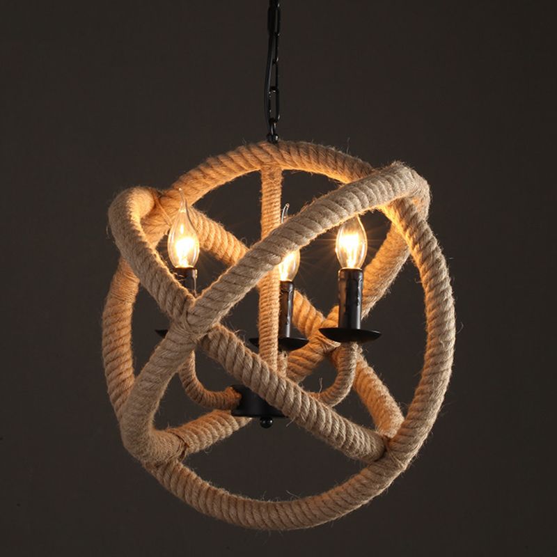3 Bulbs Globe Cage Chandelier Light Factory Beige Natural Rope Hanging Lamp Kit with Candle Design