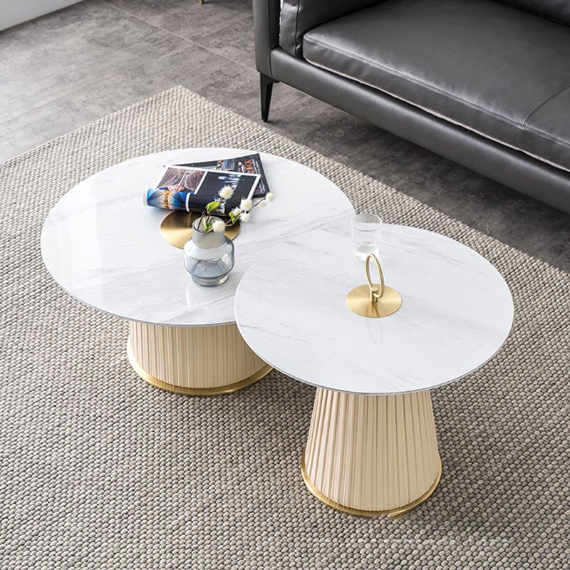 Glam Stone Top Coffee Table Pedestal Round Cocktail Table in White