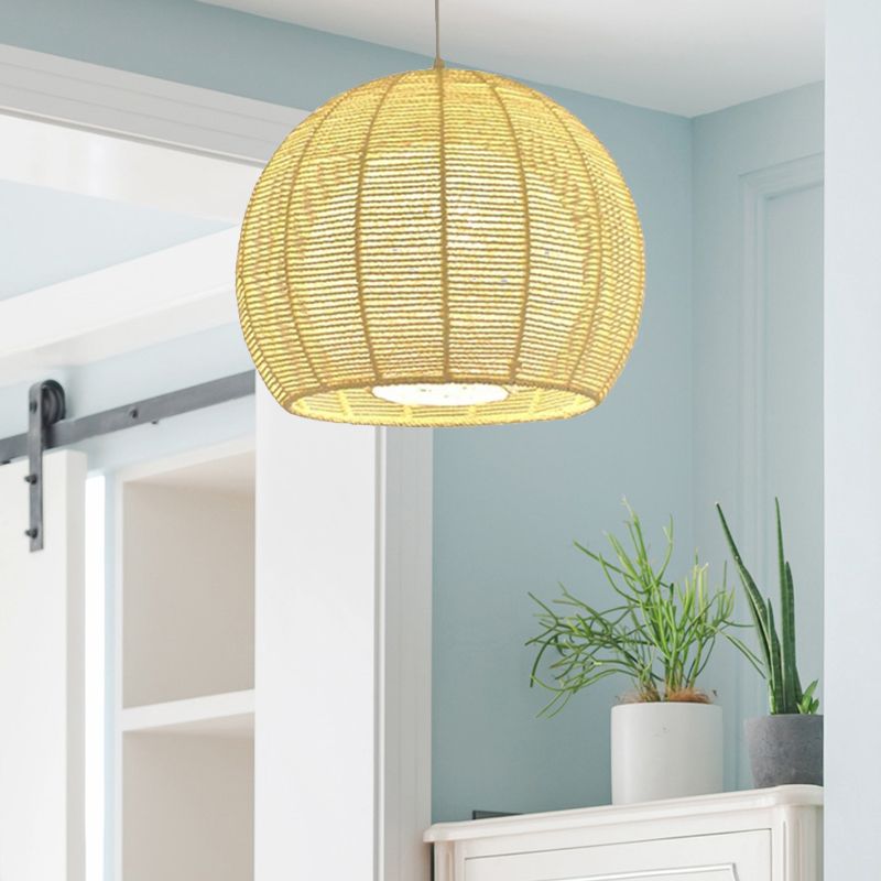 Beige/Flaxen Orb Hanging Light Rustic Rope Shade Single Pendant Lamp over Dining Table