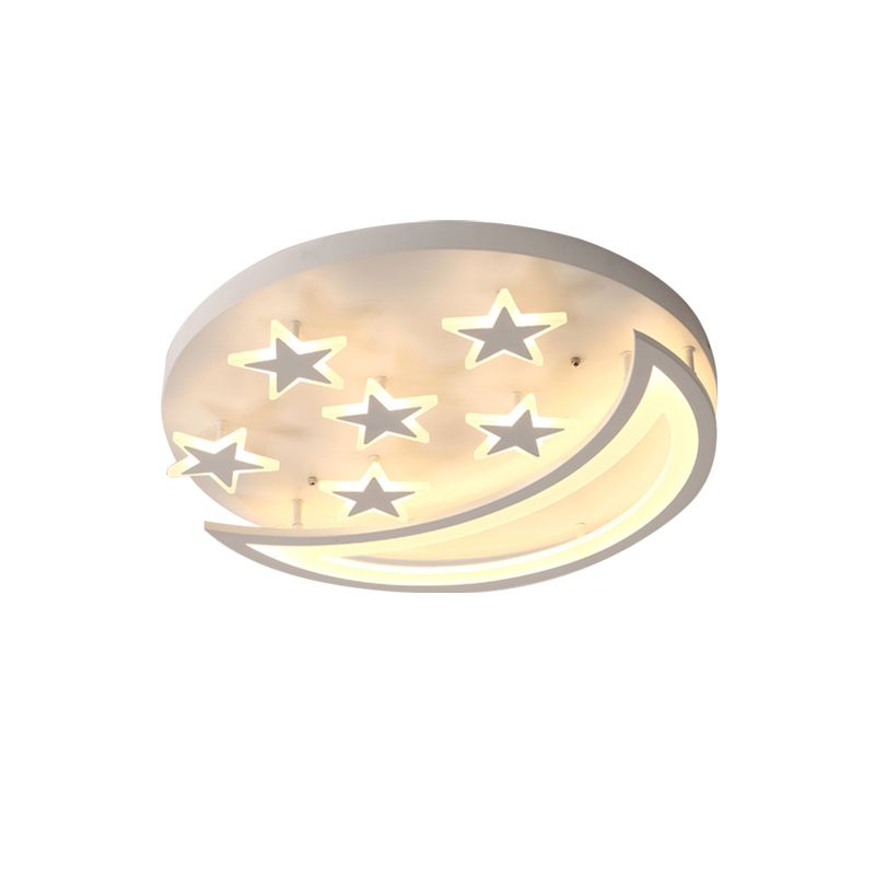 Metal Moon and Star Flush Ceiling Light Kid Bedroom Cartoon Ceiling Lamp in White Finish