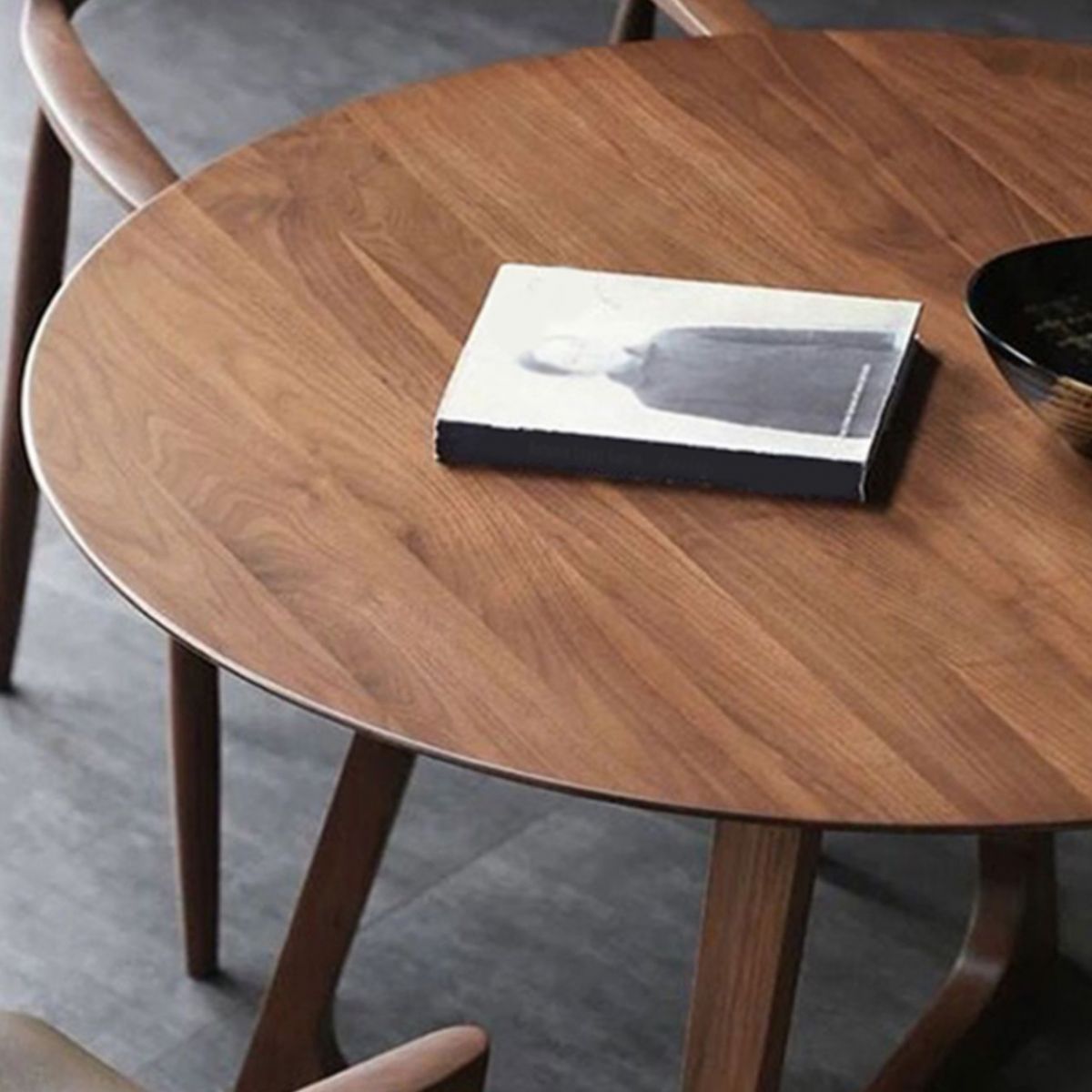 Modern Round Brown Rubberwood Dining Table with Double Pedestal