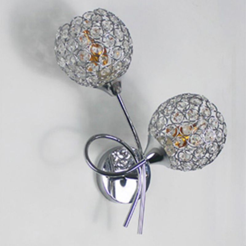 Silver Globe Wall Mounted Light Modern 2-Head Crystal Wall Sconce for Living Room