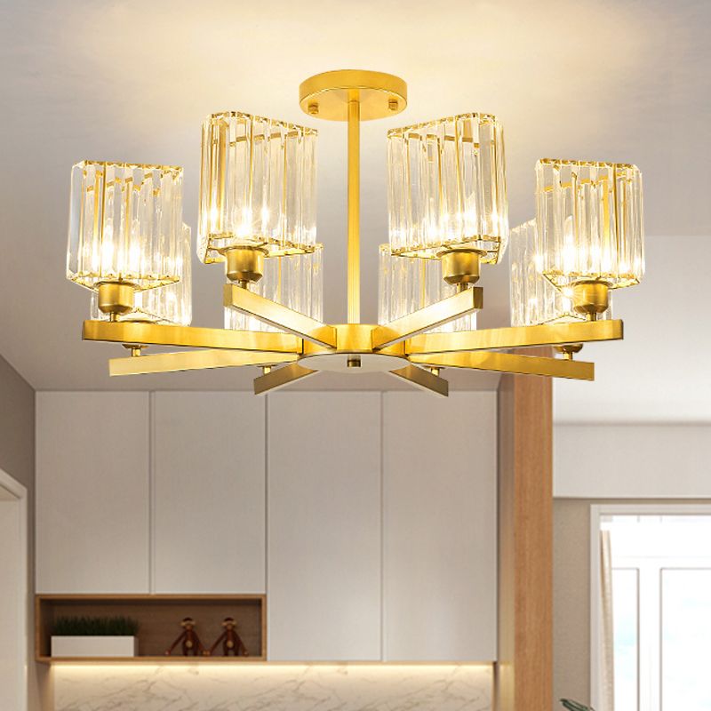 3/6/8 Lights Rectangle Semi Flush Lighting Contemporary Gold Crystal Semi-Flush Mount for Living Room