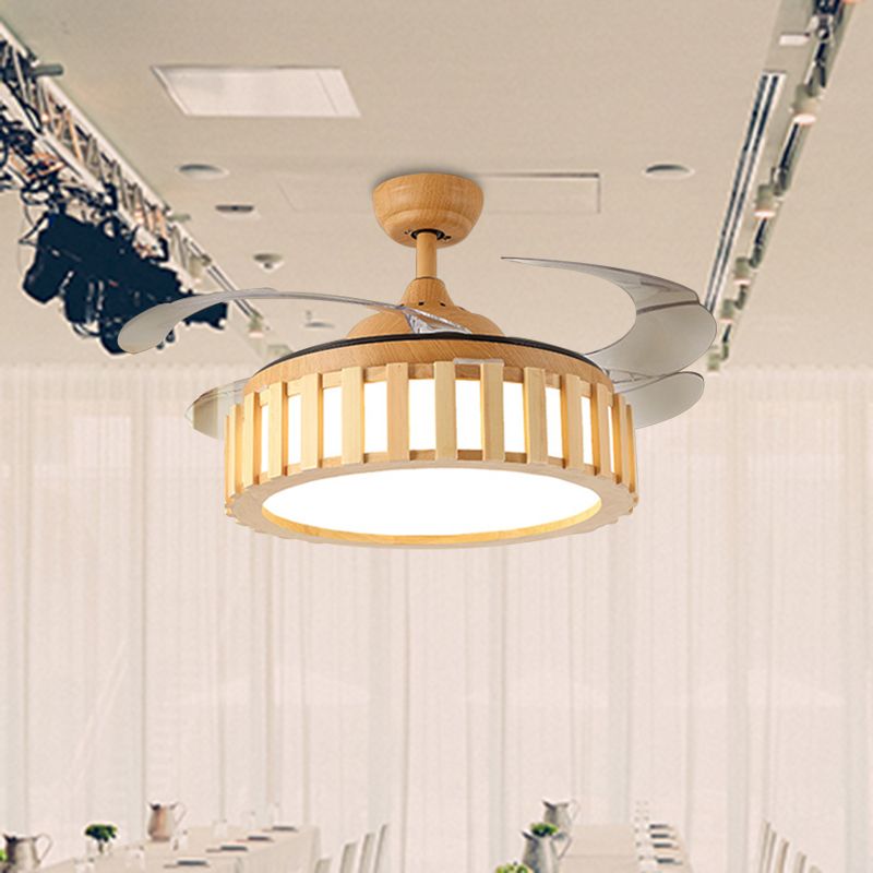 Beige 42 "W LED Semi Flush Deckenlampe Moderne Holztrommelrahmen 3 klare Klingen hängen Anhängerlüfter Licht mit Wand/Fernbedienung