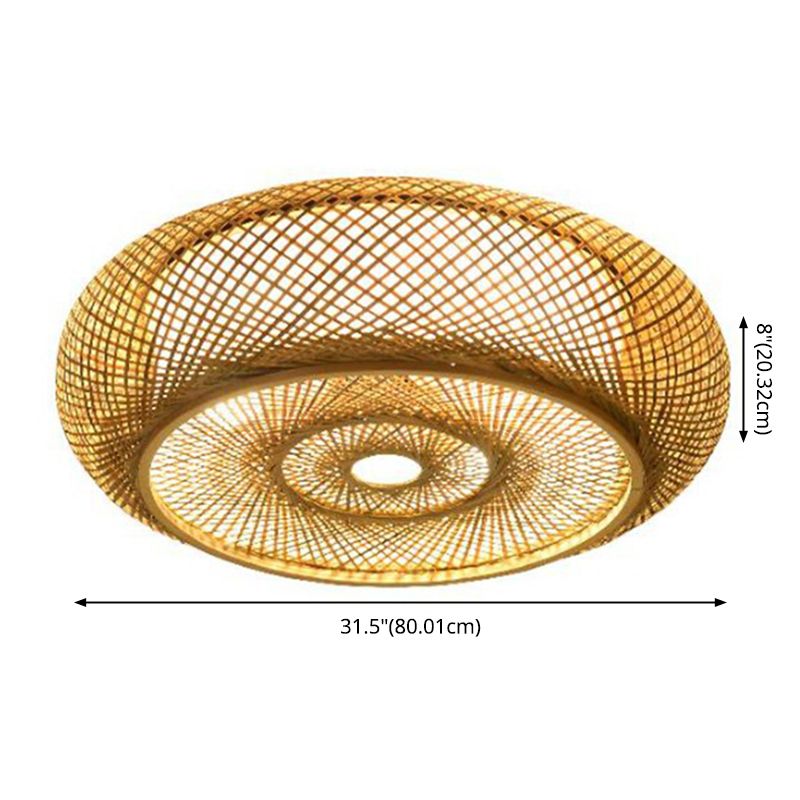 Circulaire Flush Mount Light Fixture Asian Rattan Flush Mount Lamp in Light Beige Finish