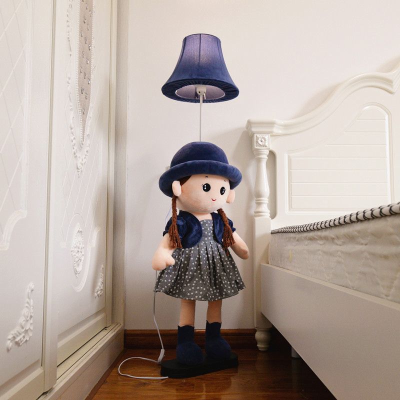 1-Light Bedside Standing Lamp Kids Red/Blue/Green Floor Light with Flared Fabric Shade and Plush Girl Stand