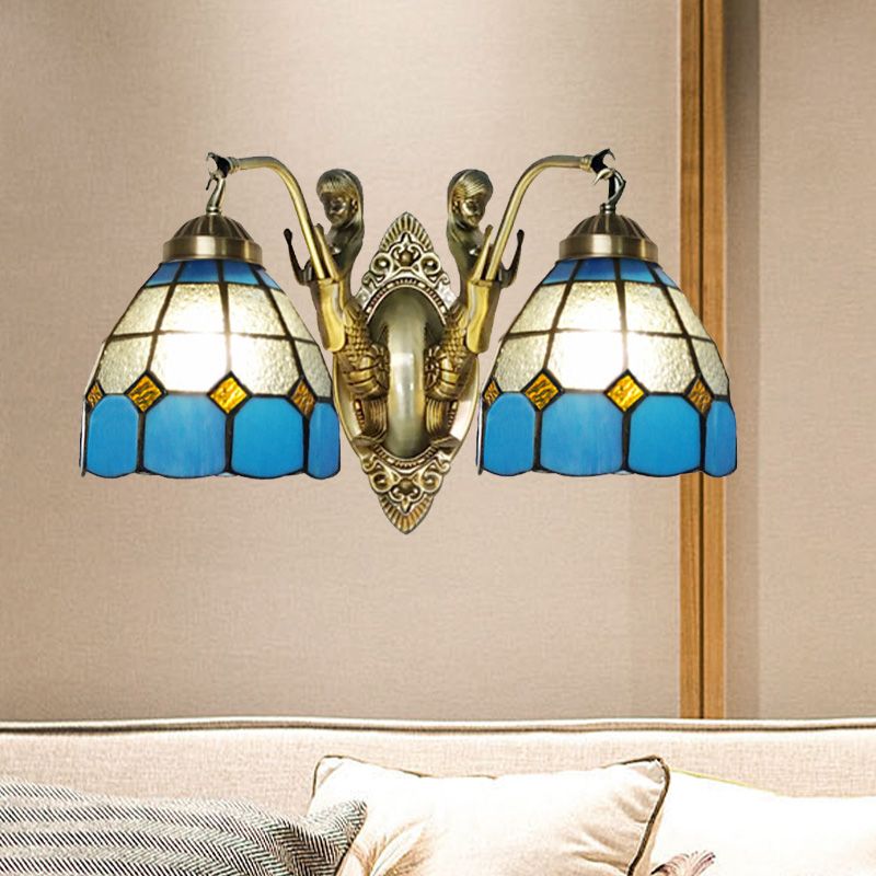 2-Head Domed Wall Mount Lighting Tiffany Dark Blue and White/Orange and White Stained Glass Mermaid Wall Sconce with Grid Pattern