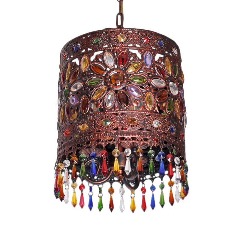Cylinder Metal Ceiling Hang Fixture Bohemian 1 Light Dining Room Pendant Lamp in Copper