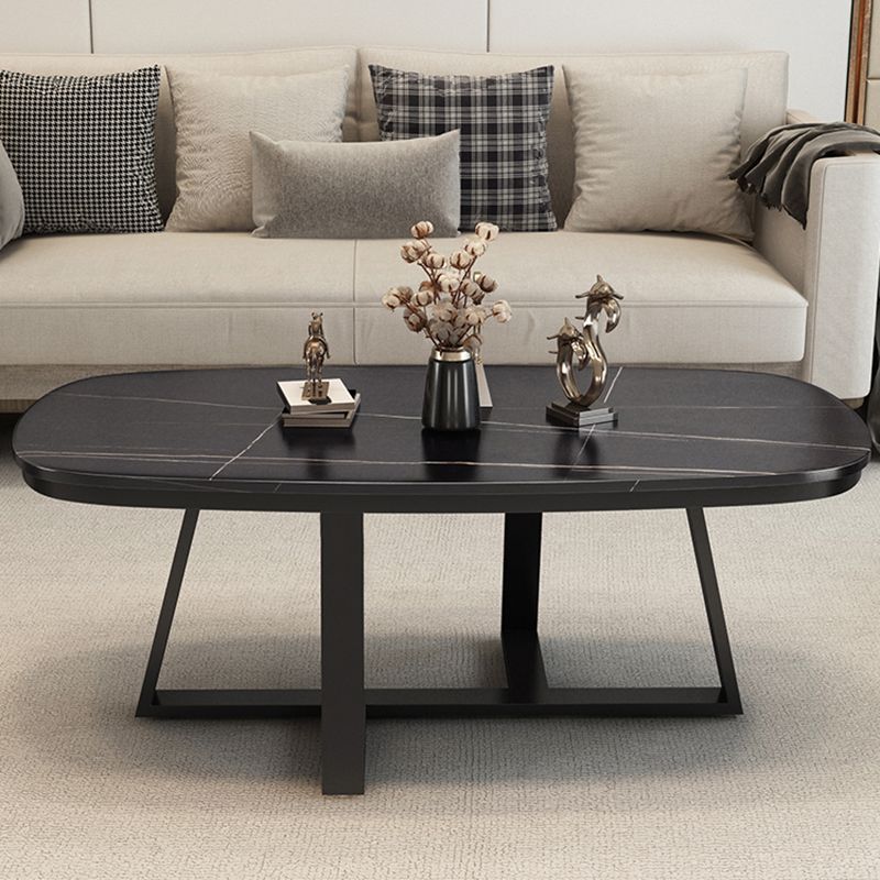Stone Top Cross Legs Coffee Table 1 Single Oval Cocktail Table