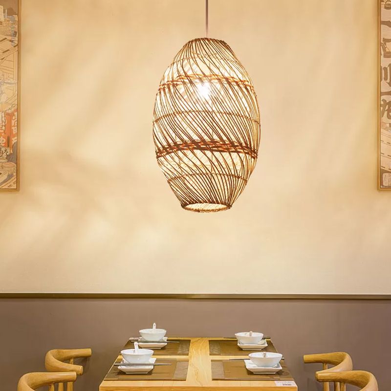 Wood Oblong Suspension Light Asian-Style 1 Bulb Bamboo Rattan Ceiling Pendant Lamp