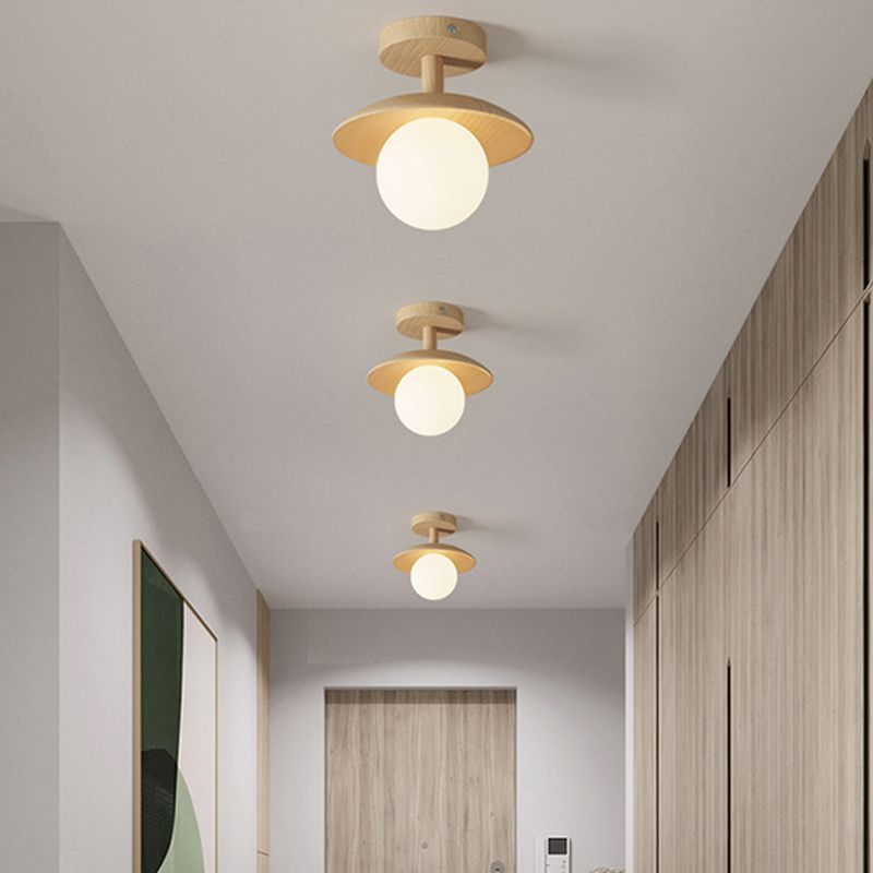 Shaded Semi Flush Mount Lighting Modern Style Wood Beige Ceiling Mounted Fixture