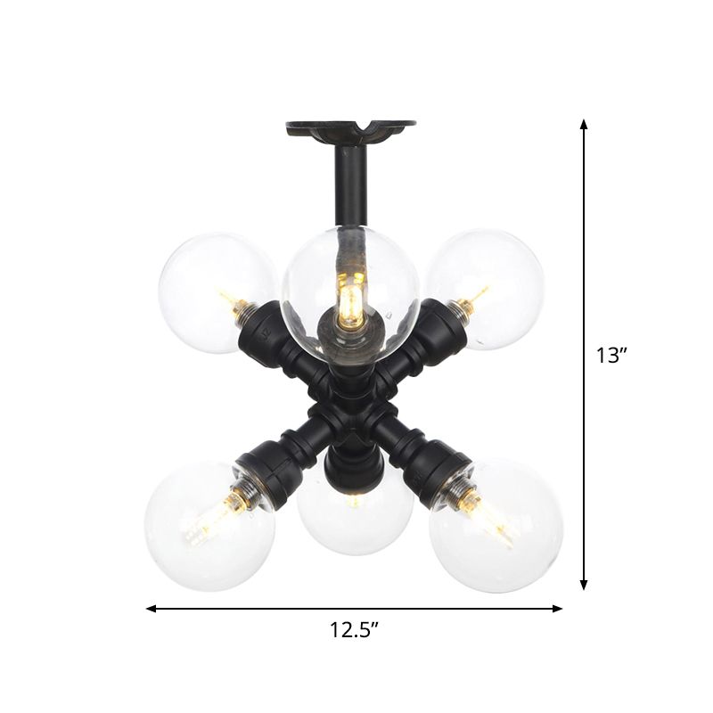 Black 4/5/6-Head Semi Flushmount Antiqued Clear Glass Ball LED Close to Ceiling Lighting