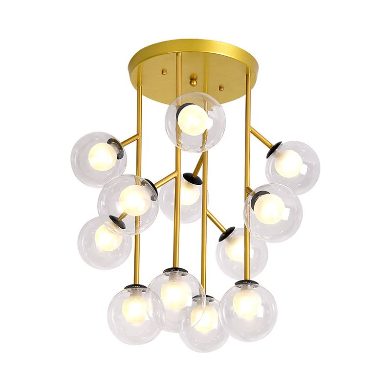 Ball Semi Mount Lighting Modern Clear Glass 9/12 Heads Living Room Close to Ceiling Lamp in Black/Gold