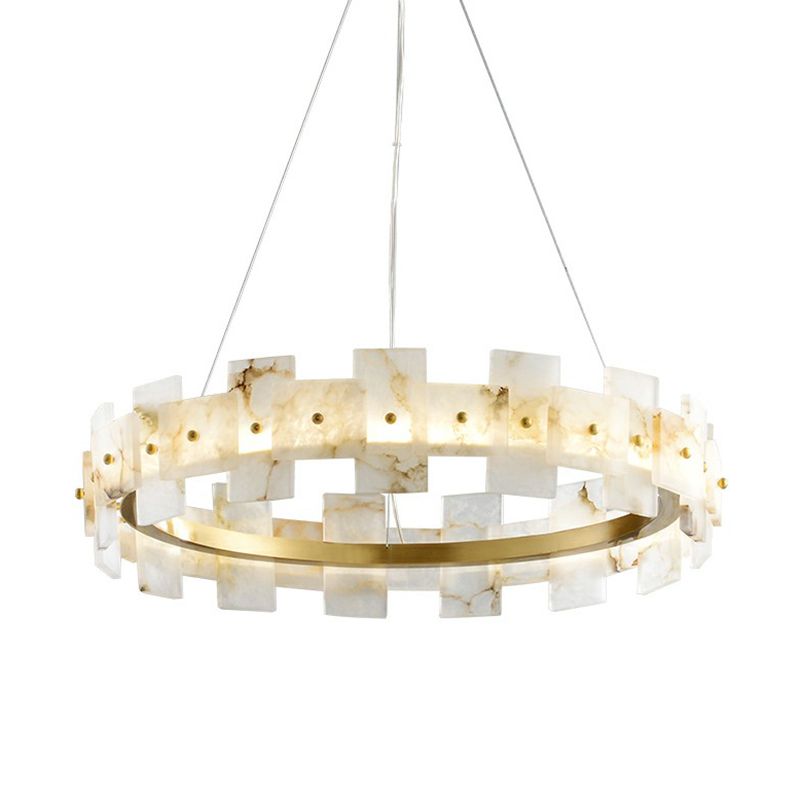 Marble Circle Hanging Lamp Minimalism White and Brass LED Pendant Light for Dining Room