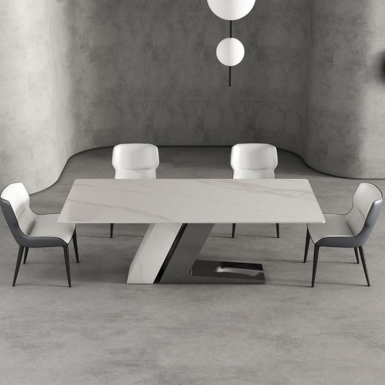 Modern Style Sintered Stone Dining Set with White Rectangle Shape Table and Double Pedestal Base