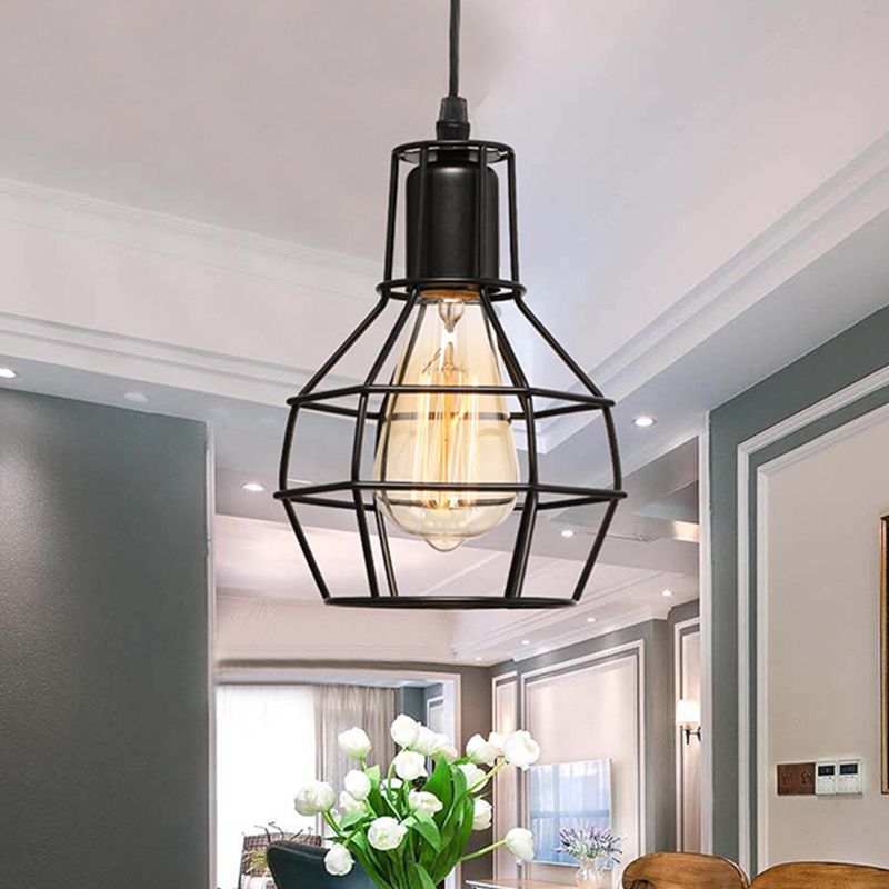 1 Bulb Plug In Suspension Light with Globe Cage Shade Retro Loft Black Metal Hanging Ceiling Light