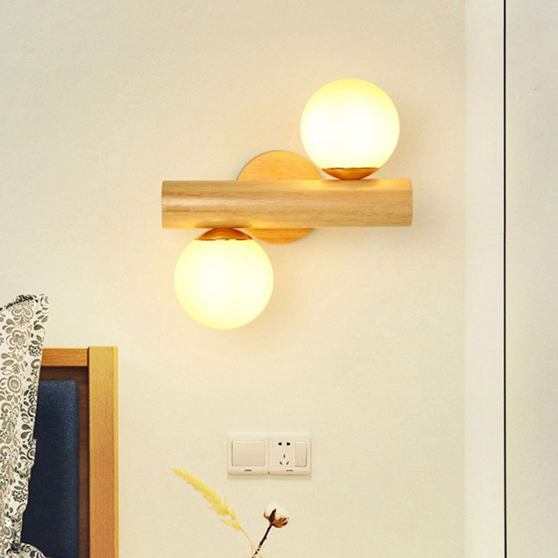 Luz de la pared de globo de vidrio de leche con base de madera 2 luces lámpara de pared contemporánea en blanco para el baño