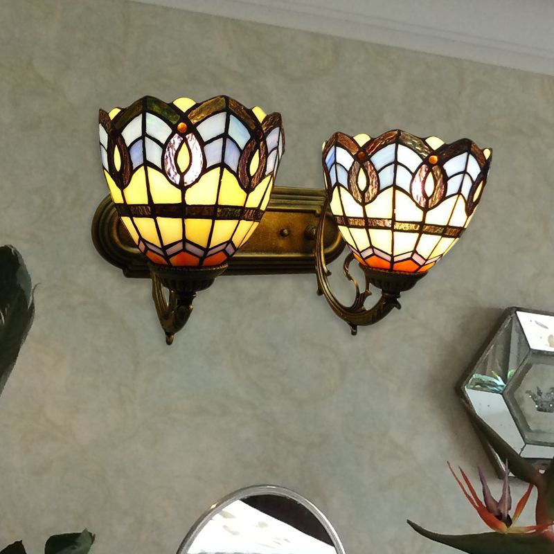 Vintage Bowl Wall Fixture Light Stained Glass 2 Lights Wall Sconce Lamp Fixture for Bedroom Lighting