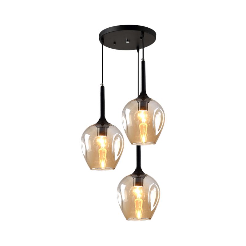 Iluminación de clúster de tulipán negro modernista 3 luces Amber/humo/lámpara de techo colgante de vidrio azul con diseño de espiral