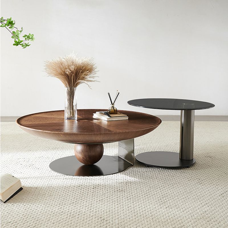Mid-Century Modern Round Wood/Glass Coffee Table Metal Base Accent Table