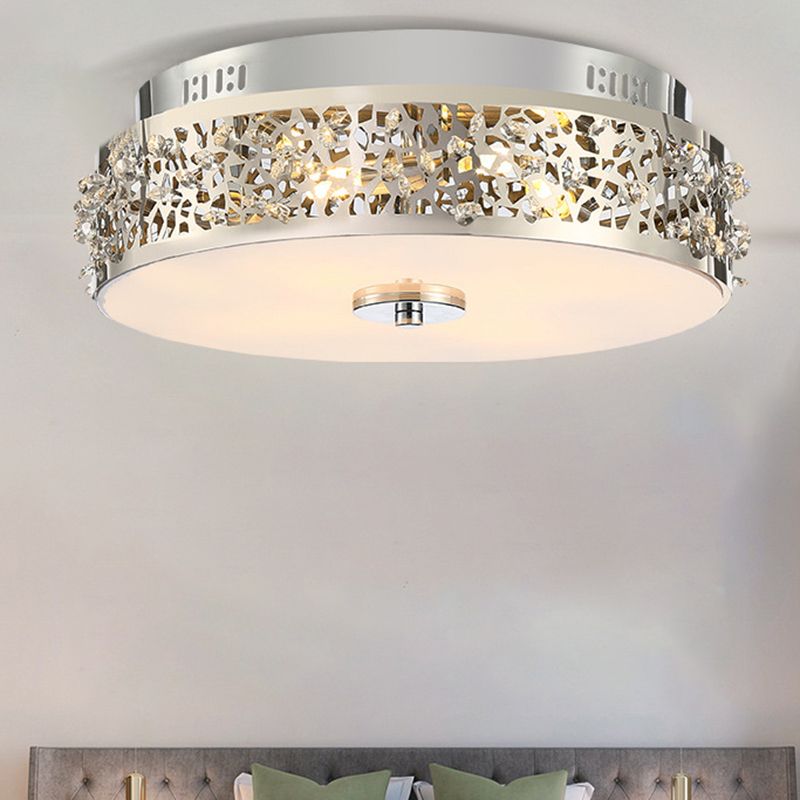 Silver Drum Flushmount Lighting Simple Style Crystal 4 Lights Bedroom Flush Ceiling Light