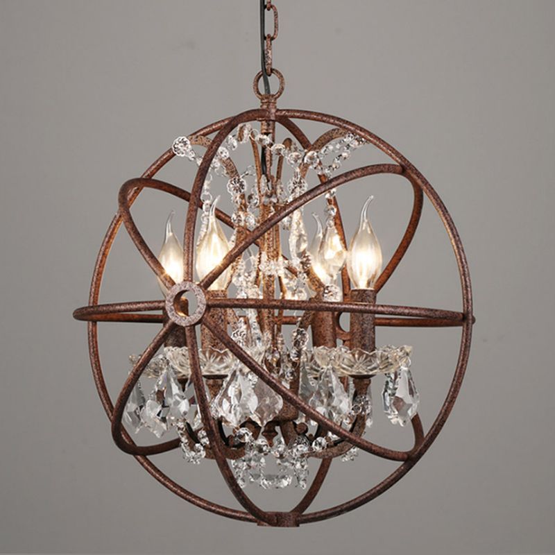 Wrought Iron Spherical Chandelier Pendant Rustic 4-Light Restaurant Hanging Light with Crystal Deco